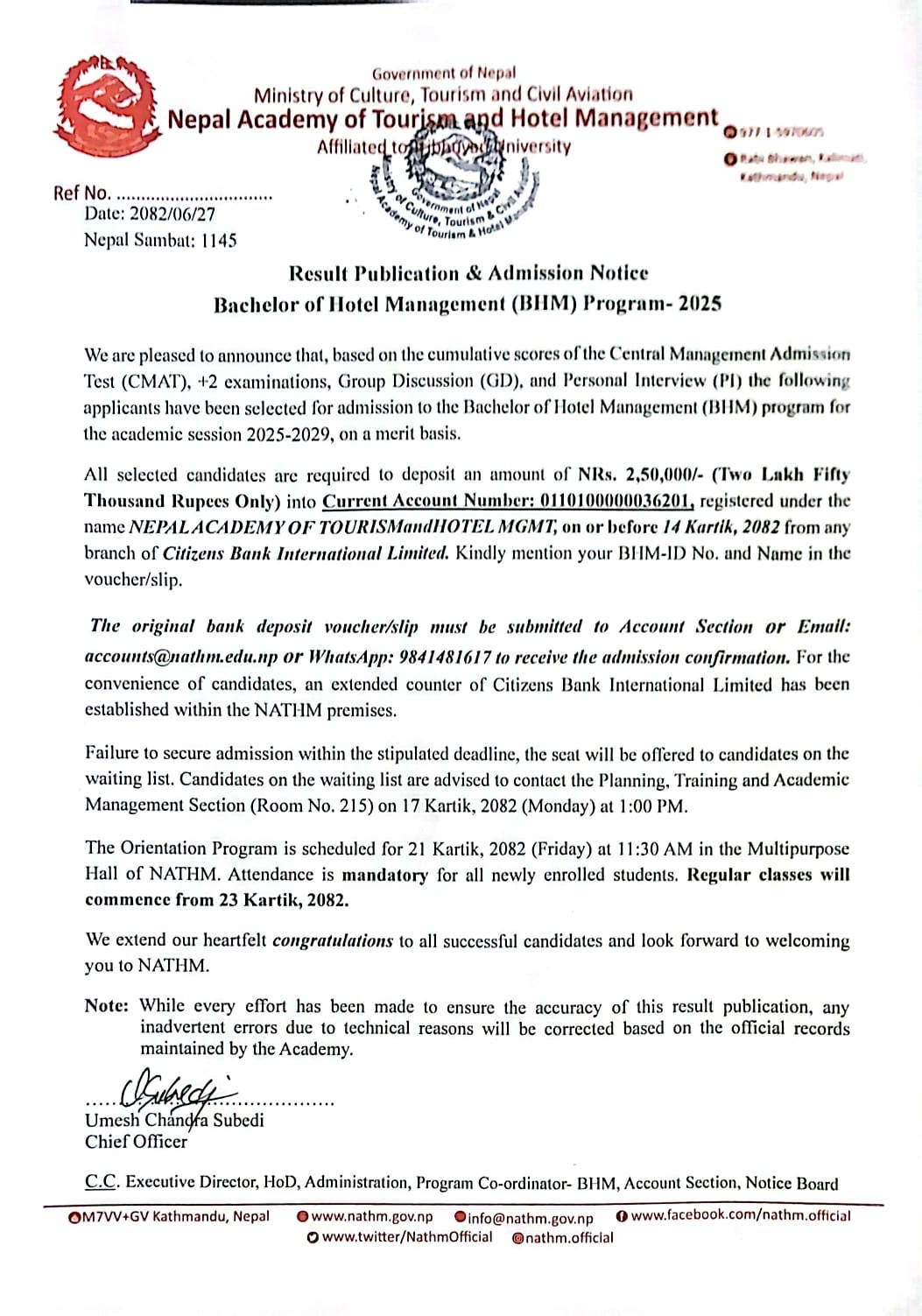 BHM Result Publication & Admission Notice