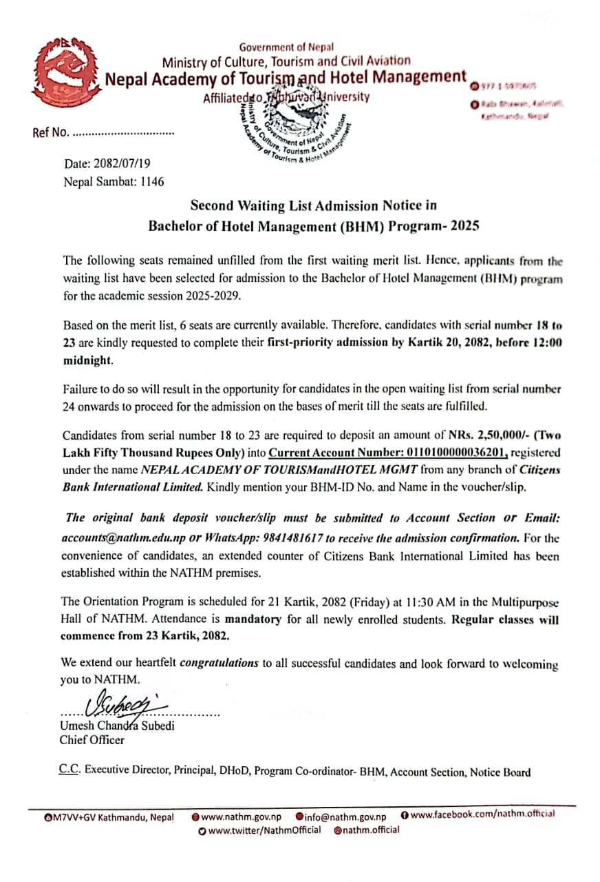 Second Waiting List Admission Notice