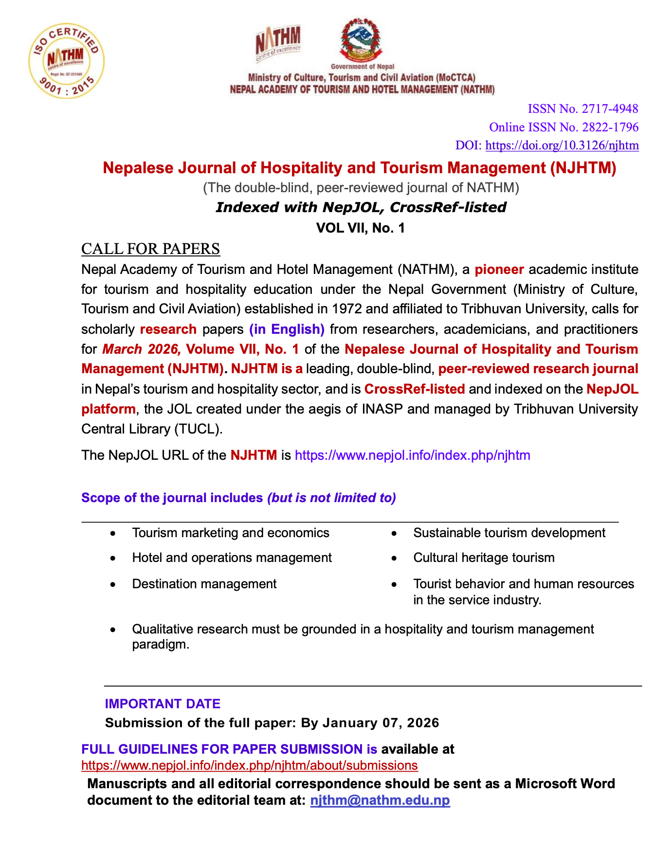 Call For Paper_NJHTM_VOL VII_NO1