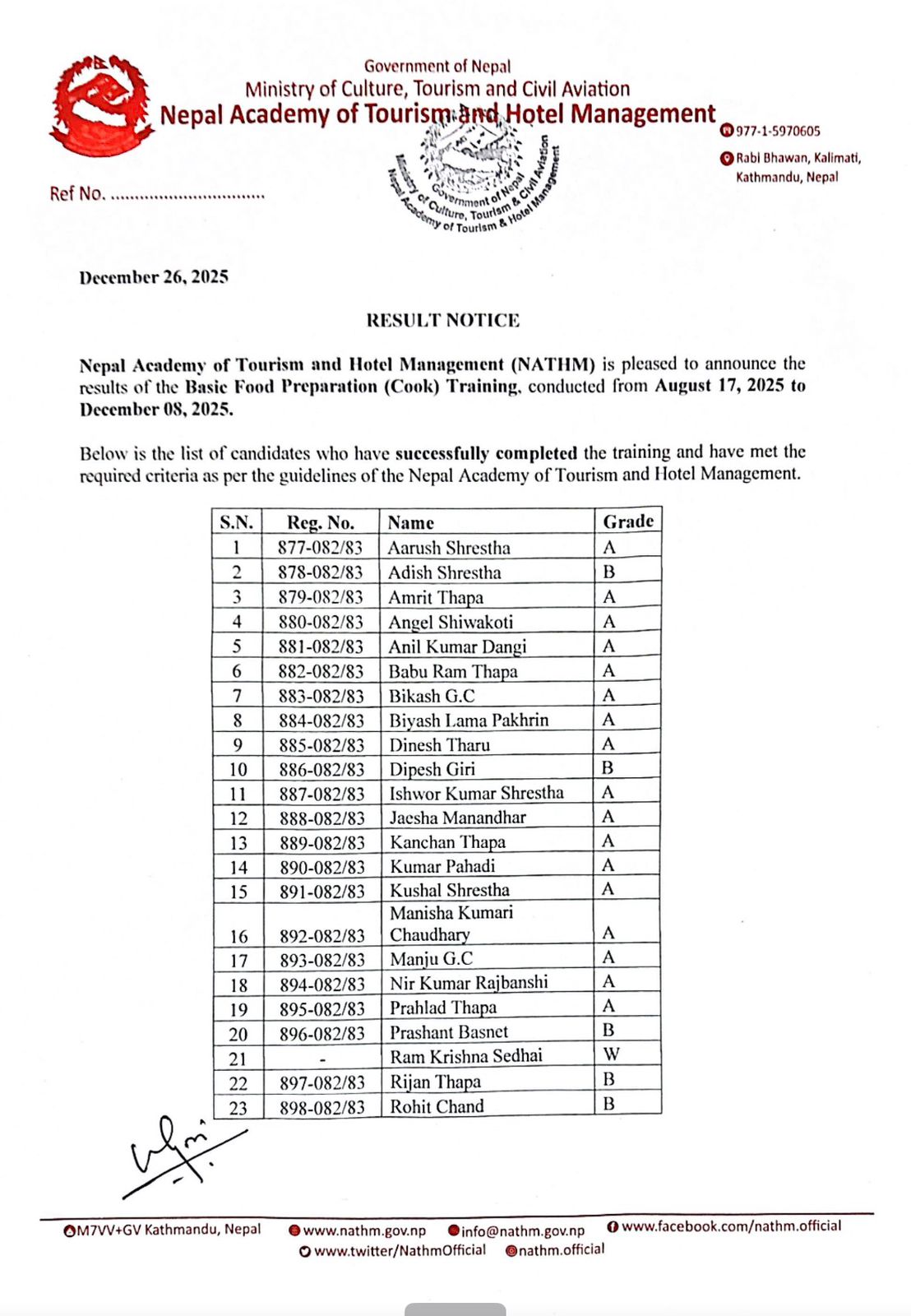 Result Notice (Basic Food Preparation)
