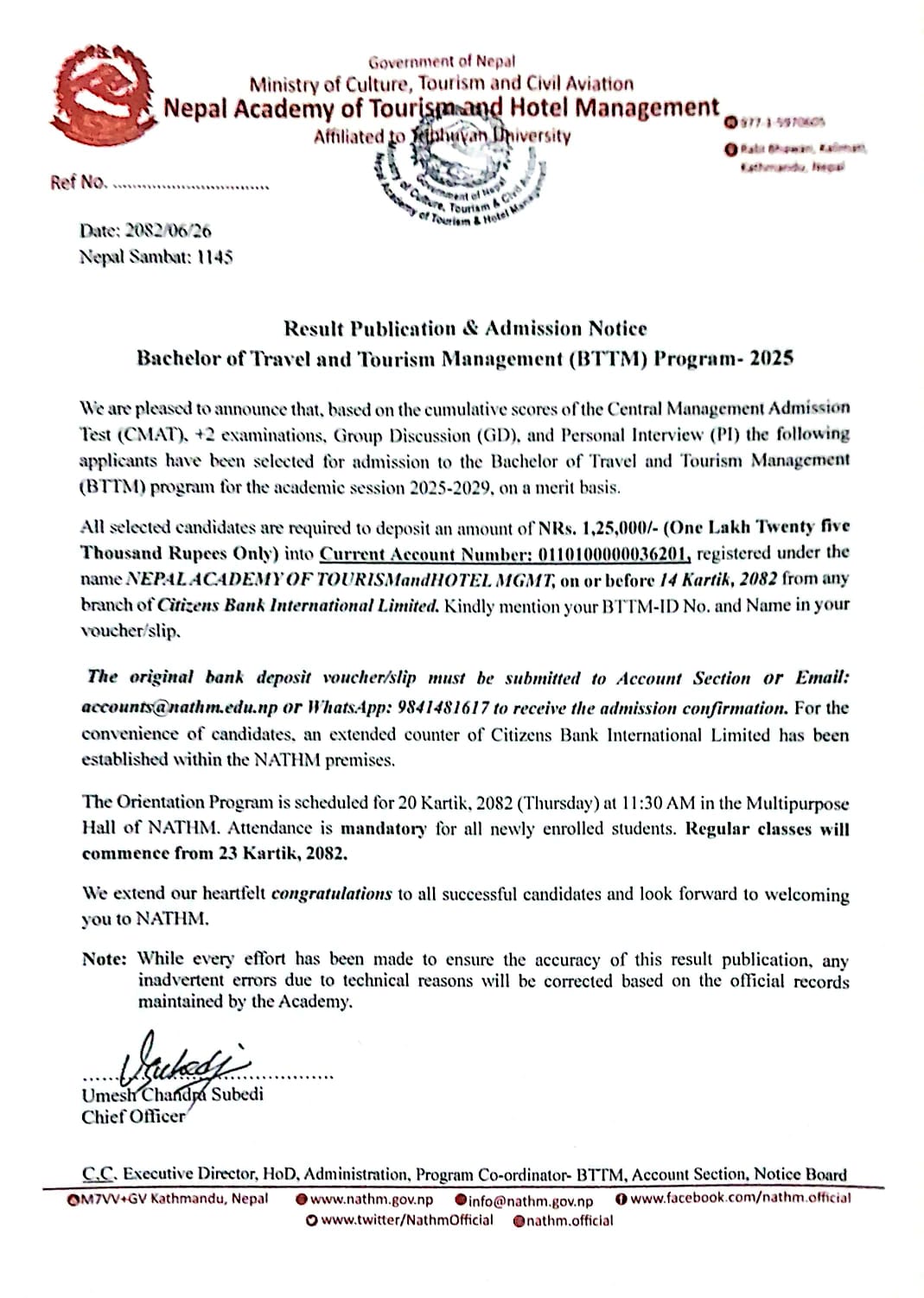 BTTM Result Publication & Admission Notice