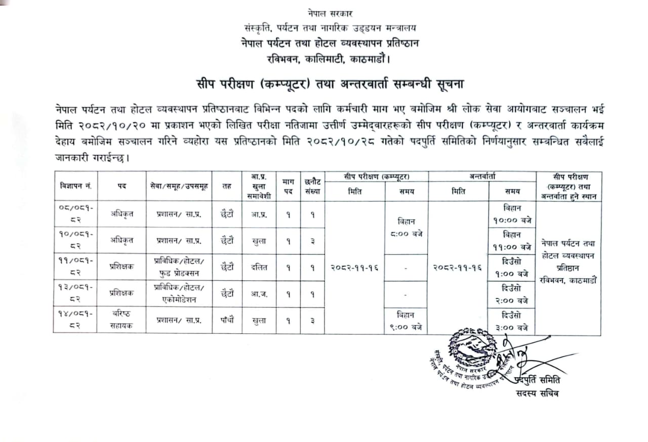 सीप परीक्षण तथा अन्तर्वार्ता सम्बन्धी सूचना