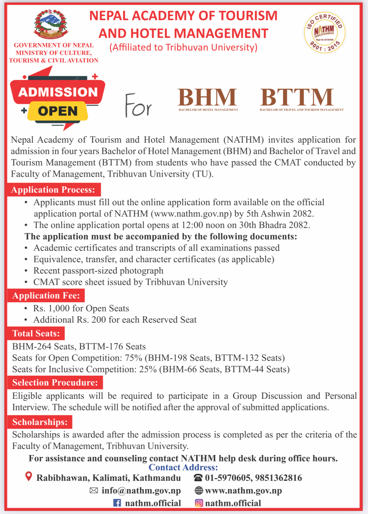 Admission Open for BHM/BTTM Program