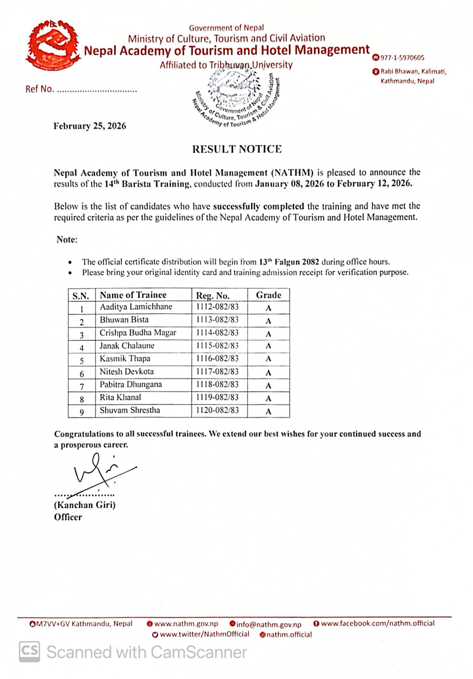 Barista Training Result