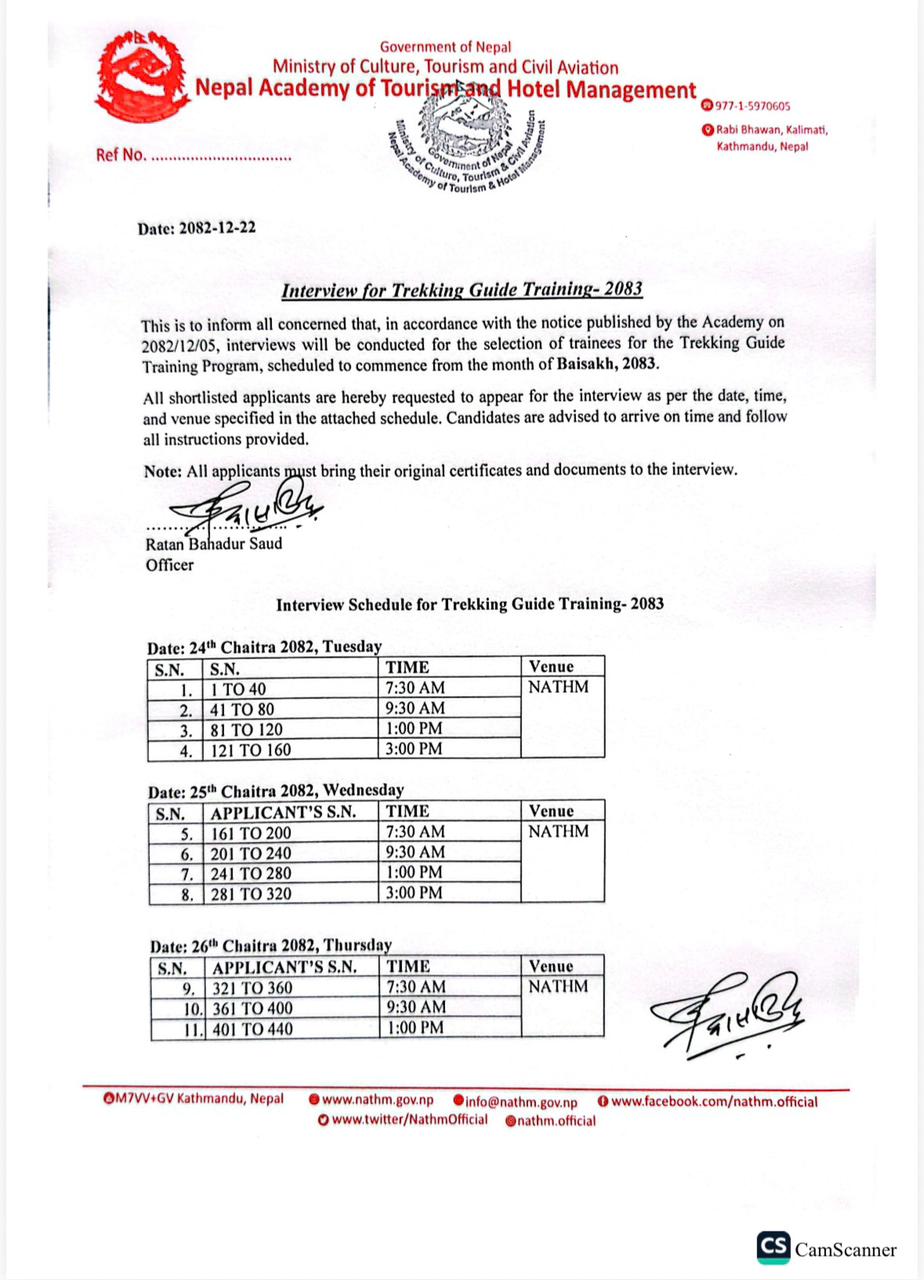INTERVIEW NOTICE FOR TREKKING GUIDE TRAINING