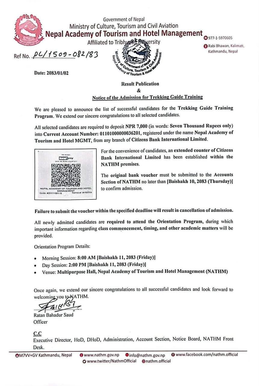 Admission Notice for Trekking Guide Training
