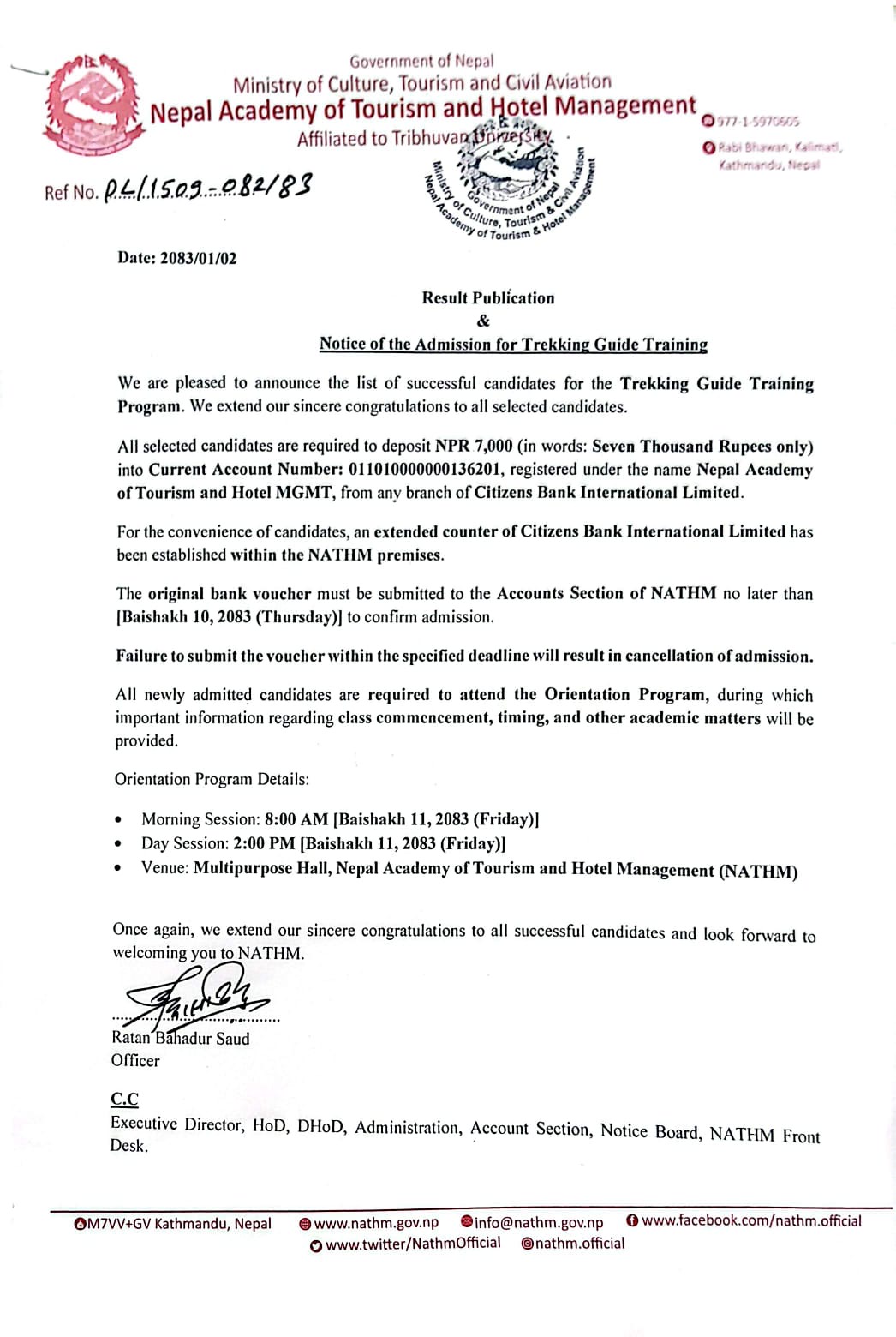 Admission Notice for Trekking Guide Training
