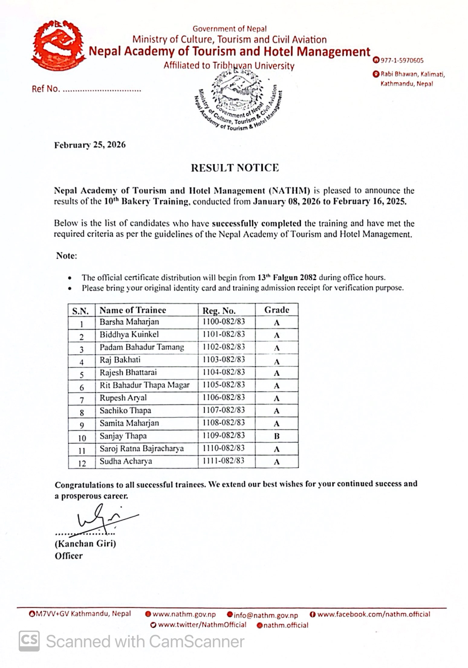 Bakery Training Result