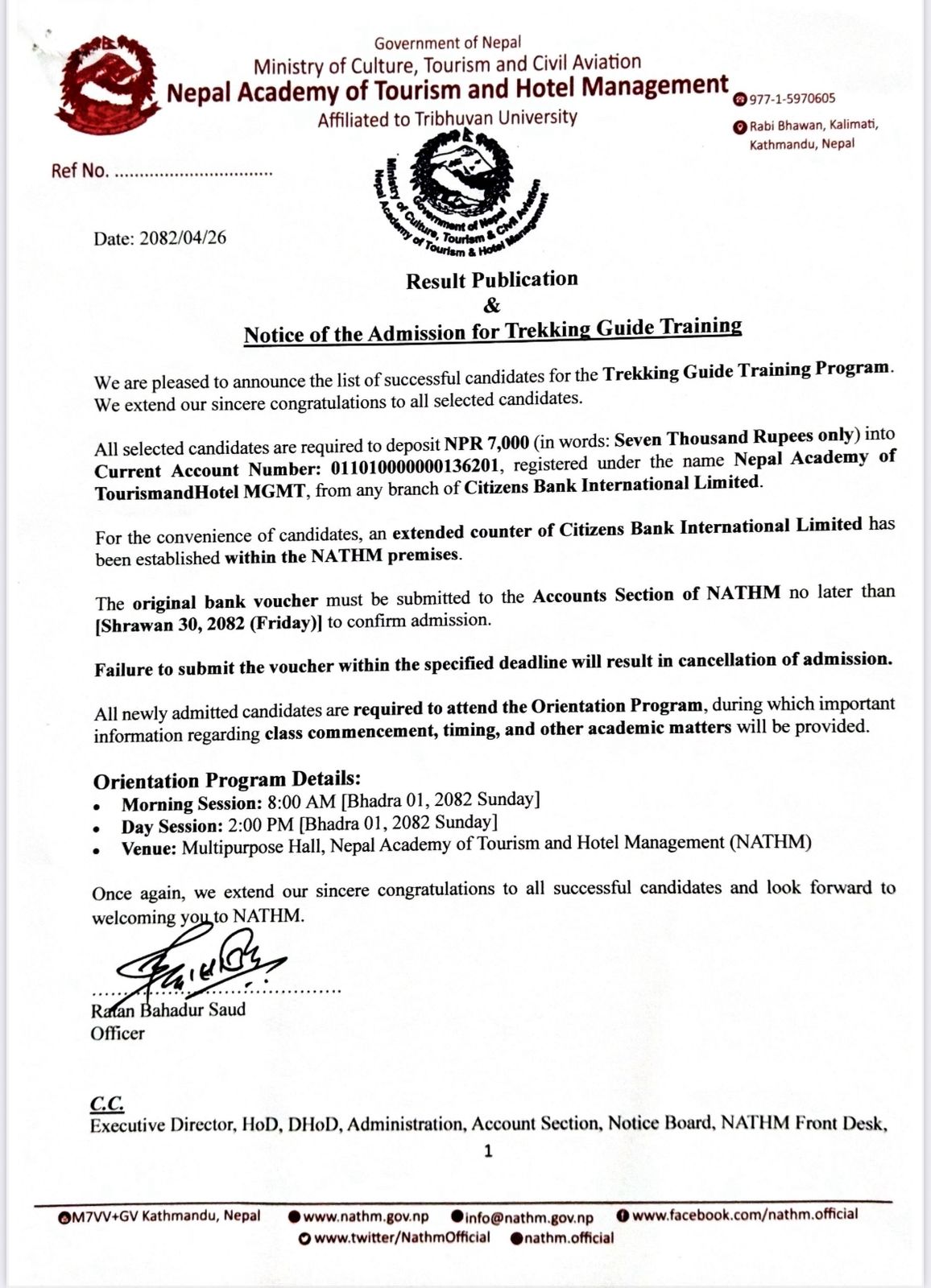 Trekking Guide Interview Result & Notice of Admission