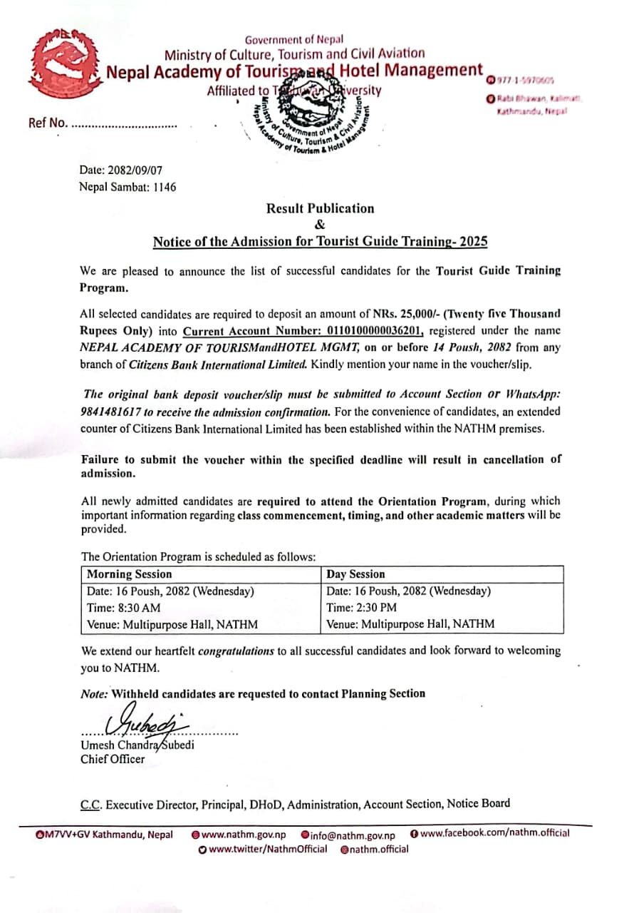 Admission Notice for Tourist Guide Training